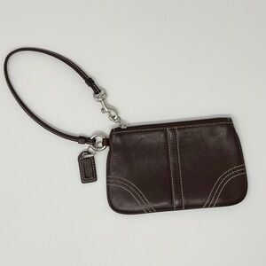 Coach Dark Brown Leather Wristlet Clutch Pouch Purse Zip Top Signature
